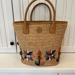 Tory Burch Tan Woven Tote with Multicolor Accents